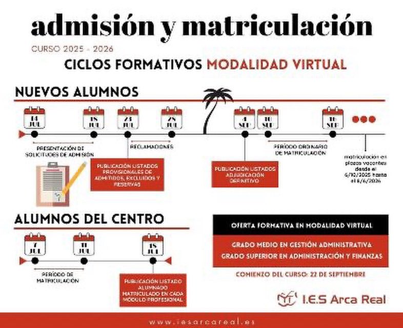 💻 Proceso de admisión y matriculación para Ciclos Formativos en modalidad virtual 📢
Estudia a tu ritmo, desde casa y con flexibilidad horaria.
🎓 Grado Medio en Gestión Administrativa
🎓 Grado Superior en Administración y Finanzas
👉Info completa: iesarcareal.es/admision-y-mat…