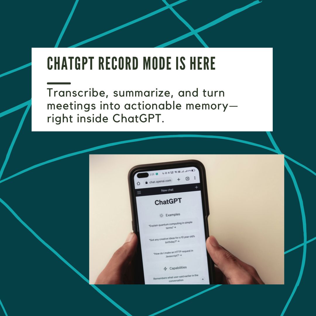 adaptiadesign's tweet photo. OpenAI’s new Record Mode brings real-time transcription and structured summaries to ChatGPT, turning voice notes and meetings into reusable canvases.

From automatic action plans to searchable memory, it’s a smarter way to capture and recall what matters—without switching tools.

#Adaptia #ChatGPT #RecordMode #AIProductivity #MeetingTools #VoiceToText #WorkplaceAI #DigitalEfficiency #AIInnovation