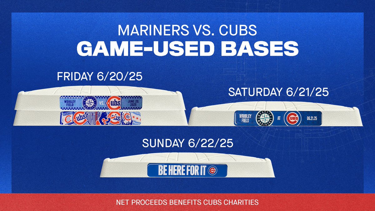Cubs Authentics (@cubsauthentics) on Twitter photo Game-used bases for our series vs. the Mariners are available for pre-order!
Reach out to us at CubsAuthentics@Cubs.com or visit us at the Cubs Authentics Store in Wrigley Field to check availability. Game-used bases for our series vs. the Mariners are available for pre-order!
Reach out to us at CubsAuthentics@Cubs.com or visit us at the Cubs Authentics Store in Wrigley Field to check availability.