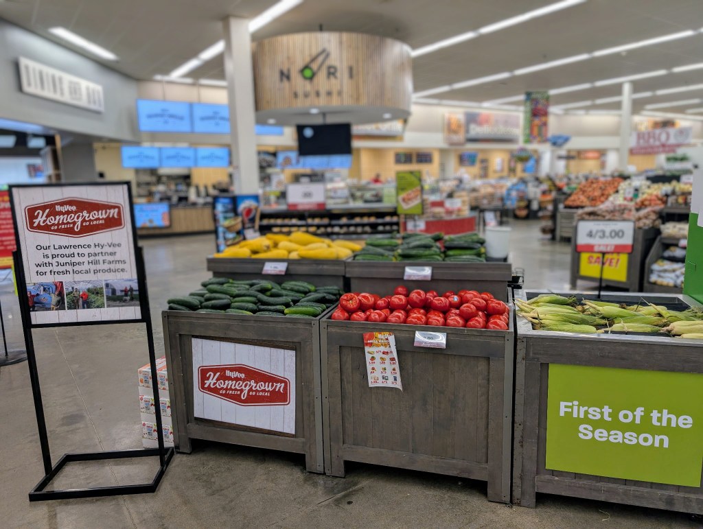 The first fresh veggies of the season from Juniper Hill Farms are now available at your Lawrence Hy-Vee!!! 🍅🌽