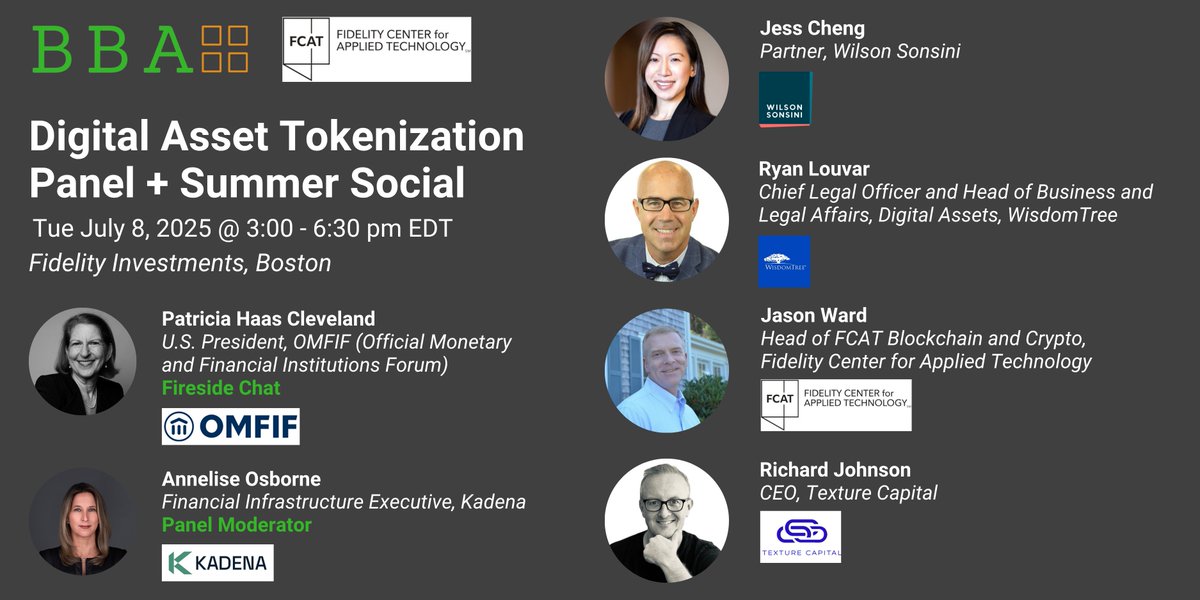 BosBlockAssoc's tweet image. Join @FCATalyst + the BBA on July 8 for an in-person Digital Asset Tokenization Panel + Summer Social at @Fidelity in Boston.
Learn from top voices in #DigitalAssets + mingle with #blockchain leaders.
๐๏ธ Register today! bit.ly/TokenizationBBA