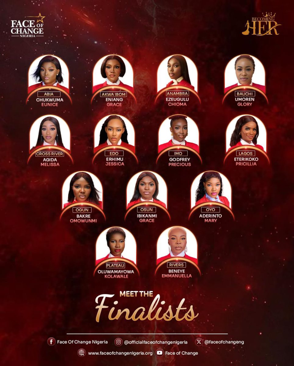 Faceofchangeng's tweet photo. Meet the 2025 #FaceOfChangeNigeria finalists smart, bold, and purpose-driven women from across Nigeria. Who will wear the crown? Support your state &amp; witness #BecomingHER. 👑✨ https://t.co/wwOt577Gr5