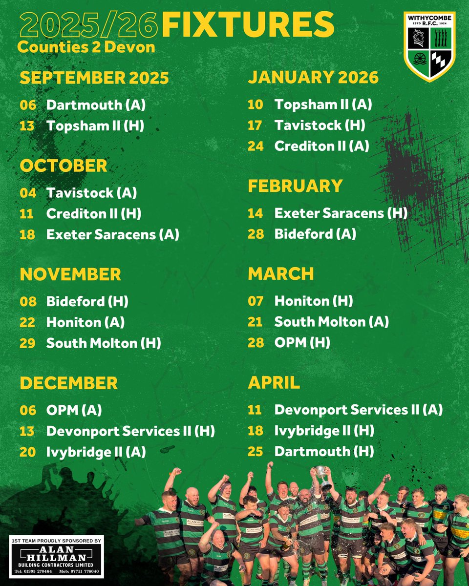 🔒 𝟮𝟬𝟮𝟱/𝟮𝟲 𝗦𝗲𝗮𝘀𝗼𝗻 - 𝗟𝗼𝗰𝗸𝗲𝗱 𝗜𝗻 | Fixtures for the upcoming season are now confirmed… We get our season underway down in South Devon with a trip to Dartmouth on the 6th September. 

🤝 Withies x Alan Hillman Building Contractors 

#Withies