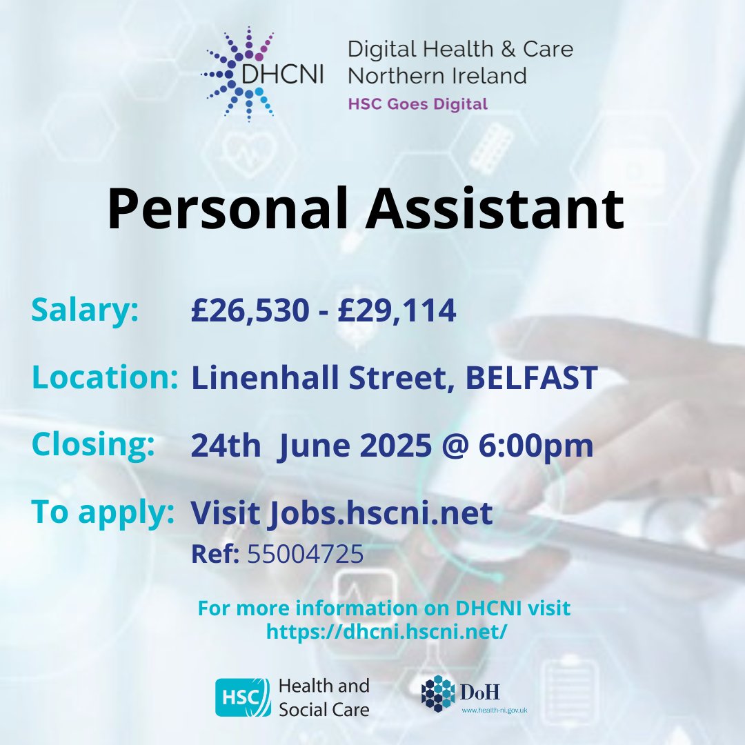 We are looking for a Personal Assistant to provide admin support to the  DHCNI Director.  If you have experience working in a fast paced office, dealing with a variety of stakeholders and prioritising workload, you may be interested in applying. jobs.hscni.net/Job/41616/sppg…