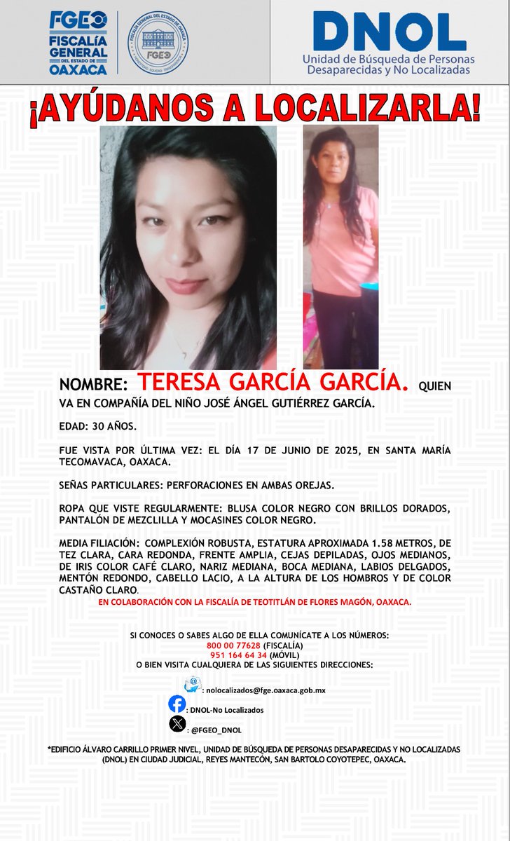 AYÚDANOS A LOCALIZARLA.
<a href="/FISCALIA_GobOax/">Fiscalía General</a> <a href="/AEI_Oaxaca/">AEI_Oaxaca</a> <a href="/SSPC_GobOax/">SSPC Oaxaca</a> <a href="/UnidadGnro_SSPO/">Unidad De Género SSPC</a> <a href="/PolVial_GobOax/">Policía Vial Estatal</a> <a href="/Policia_GobOax/">Policía Estatal</a> <a href="/cruzrojaoaxaca/">Cruz Roja Mexicana Oaxaca</a> <a href="/Bomberos_GobOax/">Bomberos Oaxaca</a> <a href="/GN_MEXICO_/">Guardia Nacional</a> <a href="/GN_Carreteras/">Guardia Nacional Carreteras</a>