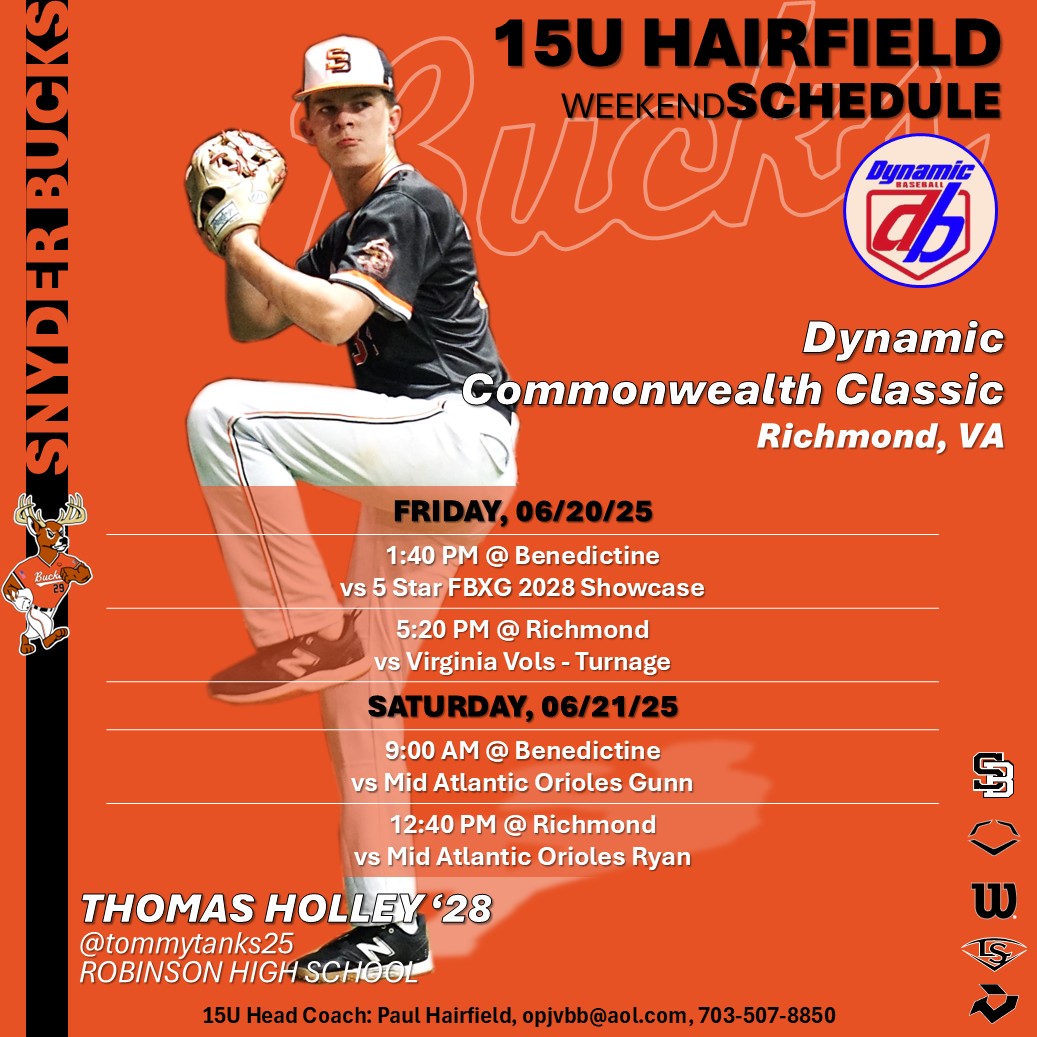 Snyder Baseball (@snyderbaseball) on Twitter photo ⚾️Snyder Bucks 15U Hairfield Schedule
The 15U team gets underway at 1:40 PM at Benedictine at the <a href="/DynamicBaseball/">Dynamic Baseball</a> Commonwealth Classic.
'27 Alex Pulliam <a href="/alexpulliam2027/">Alexander Pulliam</a> gets the pearl for Game #1.
⚾️🦌Good Luck BUCKS!!!🦌⚾️ ⚾️Snyder Bucks 15U Hairfield Schedule
The 15U team gets underway at 1:40 PM at Benedictine at the <a href="/DynamicBaseball/">Dynamic Baseball</a> Commonwealth Classic.
'27 Alex Pulliam <a href="/alexpulliam2027/">Alexander Pulliam</a> gets the pearl for Game #1.
⚾️🦌Good Luck BUCKS!!!🦌⚾️