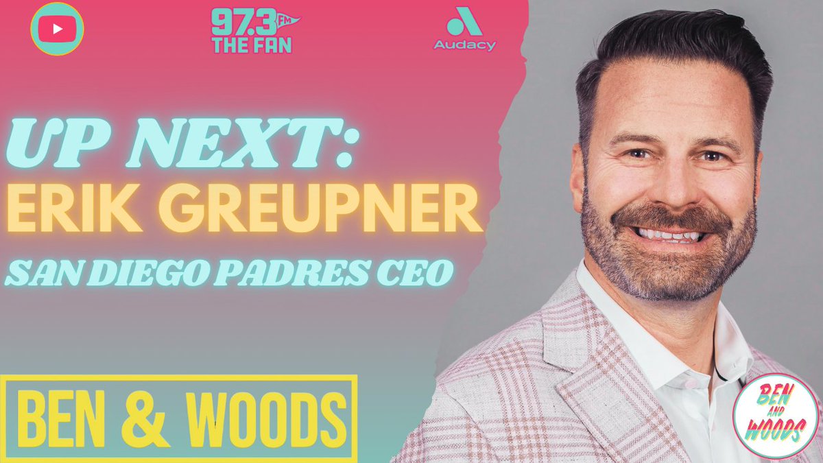 Ben & Woods (@benandwoods) on Twitter photo Padres CEO <a href="/erikgreupner/">Erik Greupner</a> joins the show NEXT on a Friar Friday!
📻 <a href="/973TheFanSD/">97.3 The Fan</a>
📱 <a href="/Audacy/">Audacy</a> App
WATCH: youtube.com/watch?v=H9AgvA… Padres CEO <a href="/erikgreupner/">Erik Greupner</a> joins the show NEXT on a Friar Friday!
📻 <a href="/973TheFanSD/">97.3 The Fan</a>
📱 <a href="/Audacy/">Audacy</a> App
WATCH: youtube.com/watch?v=H9AgvA…