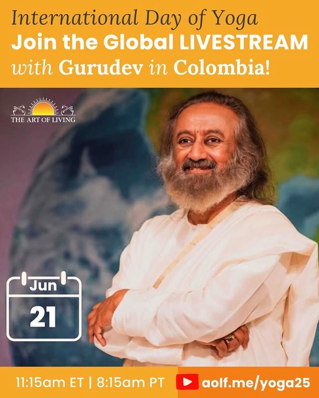 Join us for a special International Day of Yoga celebration! Gurudev is leading a LIVE global livestream on YouTube from Colombia on June 21st. Let’s breathe together as one world!
📅 June 21 | 11:15am ET / 8:15am PT 🔗 aolf.me/yoga25