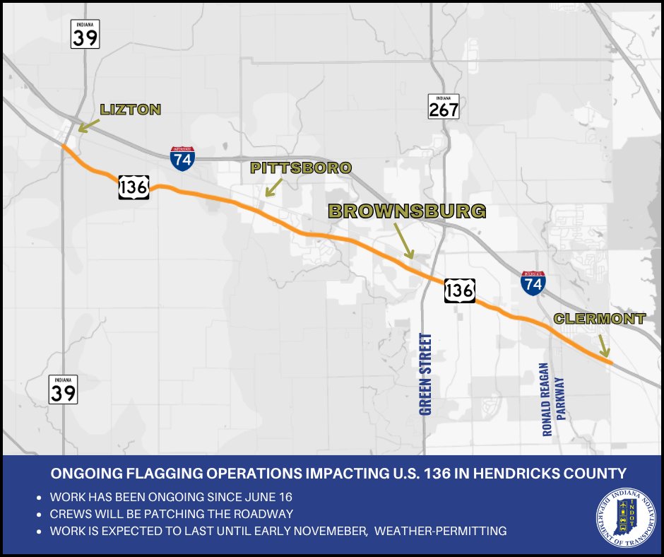 U.S. 136 between Lizton and Clermont has ongoing flagging operations until early November. 👷‍♀️👷

For more information, visit: bit.ly/43T6ZlF