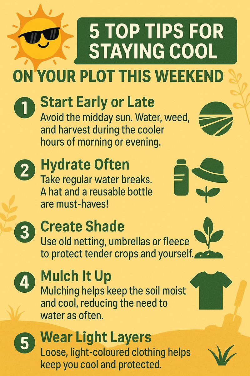 🌞 Heading to the plot this weekend?
Here are 5 quick ways to stay cool while gardening:
✅ Start early or late
💧 Drink plenty
🌿 Use shade
🌾 Mulch your soil
👕 Wear light layers

Stay safe &amp; grow on!
#KitchenGardenMag #AllotmentTips #UKGardening #StayCoolGrowOn #GardenSmart