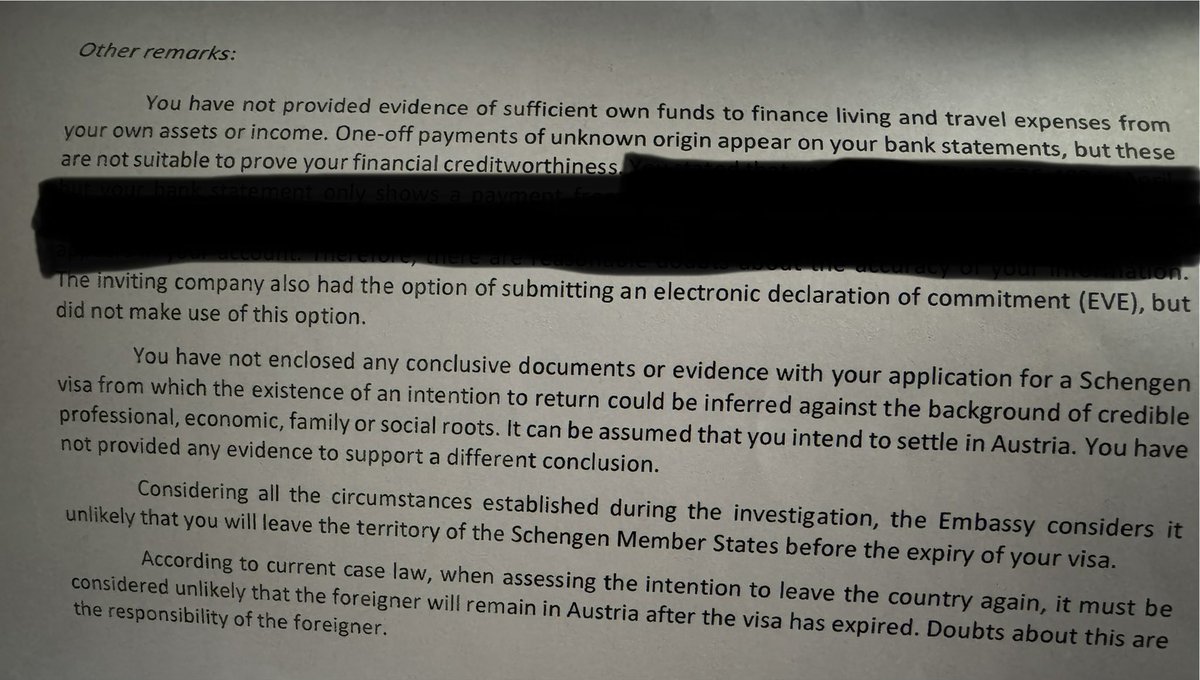musacoli's tweet photo. It’s crazy how as a Software Engineer who has traveled to the Schengen region and back. I can still get a visa rejection assuming that I won’t come back or that I am lying about my finances 🙌🏾🙌🏾🙌🏾

The redacted part basically states I provided false earnings https://t.co/87ViJjLERp