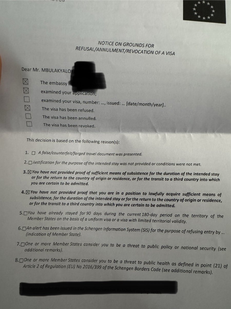musacoli's tweet photo. It’s crazy how as a Software Engineer who has traveled to the Schengen region and back. I can still get a visa rejection assuming that I won’t come back or that I am lying about my finances 🙌🏾🙌🏾🙌🏾

The redacted part basically states I provided false earnings https://t.co/87ViJjLERp
