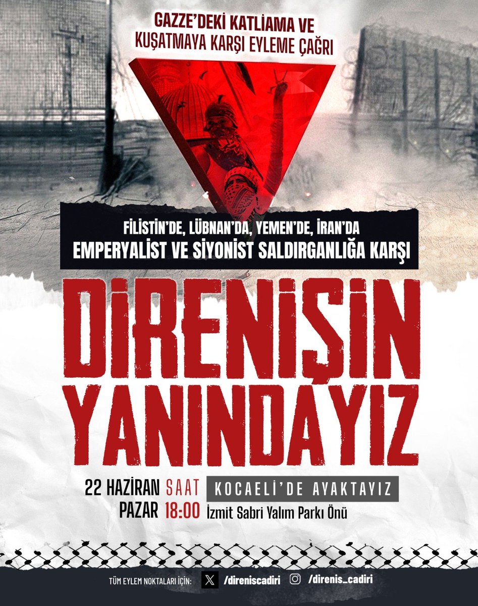 Kocaeli'de Eyleme Çağrı

Kocaeli'de 10 Mart 2024'ten bu yana sürdürdüğümüz eylemlerimize devam ediyoruz. Gazze ablukası kırılsın, siyonist-emperyalist saldırganlık durdurulsun, Kürecik ve İncirlik kapatılsın, İsrail'e tam ambargo uygulansın! Demek için bu pazar günü buluşuyoruz.