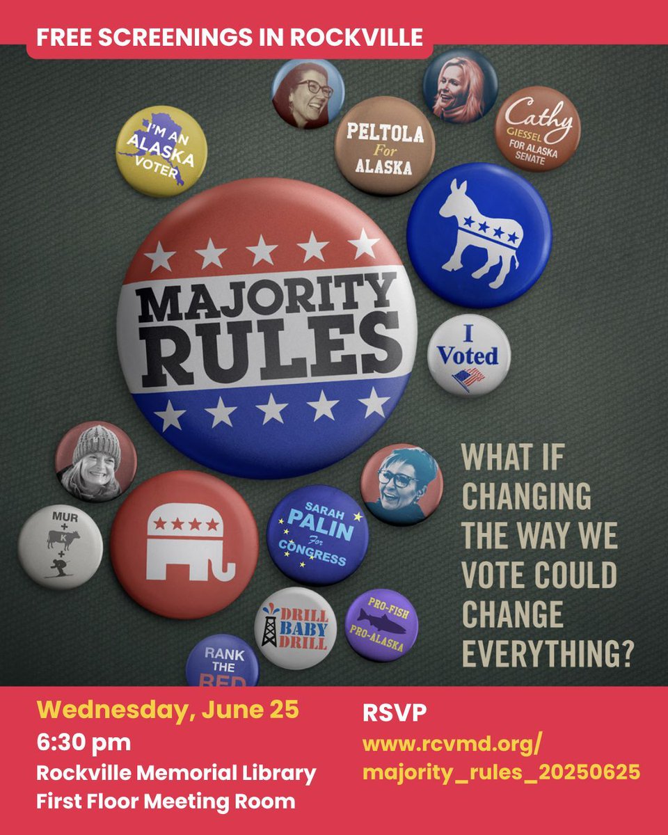 rcvformaryland's tweet image. NEXT SCREENING of #MajorityRules at 6:30pm on June 25 at the Rockville Memorial Library.
Light refreshments will be provided. #RankedChoiceVoting may be coming to more MD cities sooner than you think!
RSVP rcvmd.org/majority_rules…