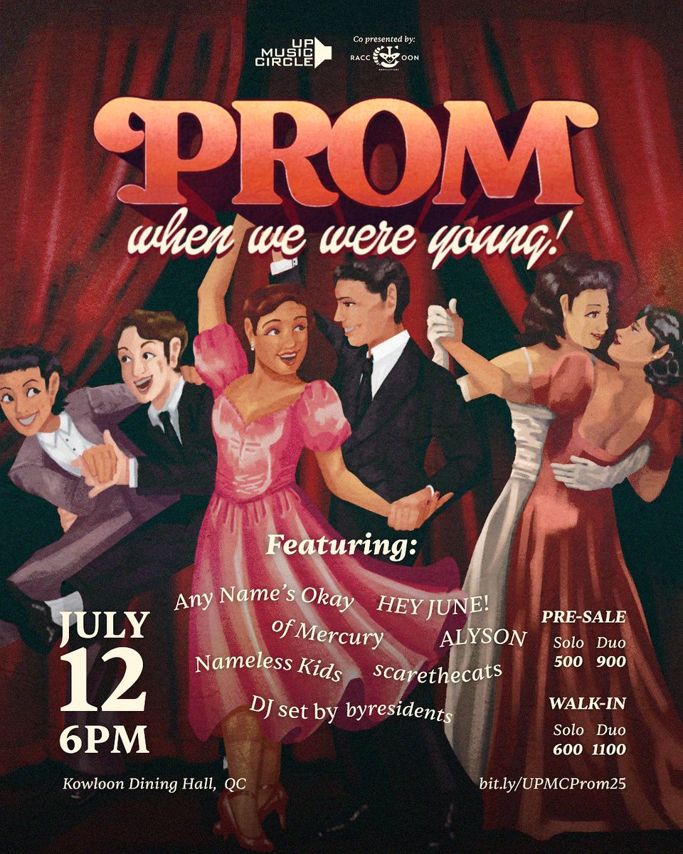 🪩 PROM: When We Were Young! 🪩
July 12 @ Kowloon Dining Hall (above Mow's)

Featuring:
☁ Any Name's Okay
👓 HEY JUNE!
🌸 Nameless Kids
🎷 ALYSON
🌌 of Mercury
🐈‍⬛ scarethecats
🌴 DJ Set by byresidents