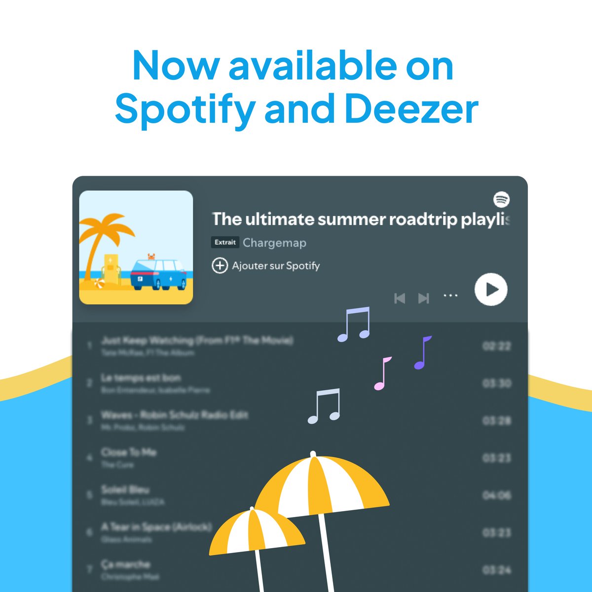 To celebrate World Music Day, the Chargemap team has put together a playlist just for you, packed with 100% summer vibes ☀️ 

It’s our ideal mix for hitting the road in your EV — music blasting, sun shining, and good vibes in the air!  

Find our special roadtrip playlist in the