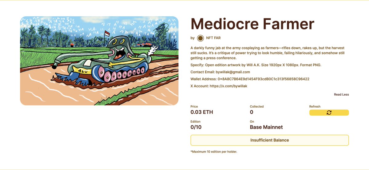 <a href="/NFTindonesia_/">NFTindonesia</a> ...

Mediocre Farmer by <a href="/bywillak/">Will A.K</a> 

👇👇👇👇
far.futuloka.io/token/3
...