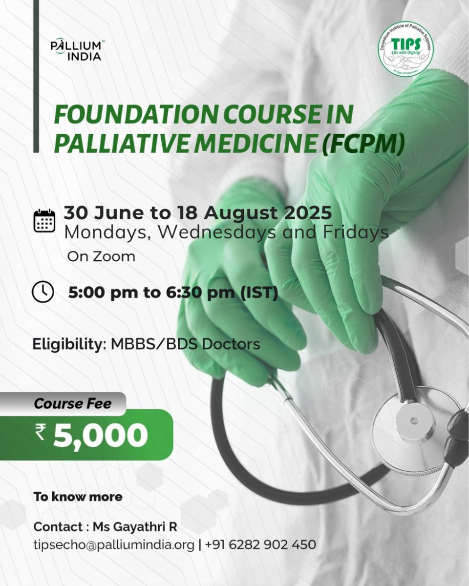 New Batch Alert! 
Join the Foundation Course in Palliative Medicine (FCPM)

🗓️30 June to 18 August 2025 (Mon,Wed &amp; Fri)
⏰5:00 – 6:30 PM IST (Zoom)
🎓Eligibility: MBBS/BDS Doctors
💸Fee: ₹5,000

Register on: 
palliumindia.org/2025/01/fcpm-e…

#PalliativeCare #FCPM #PalliumIndia #MEDX