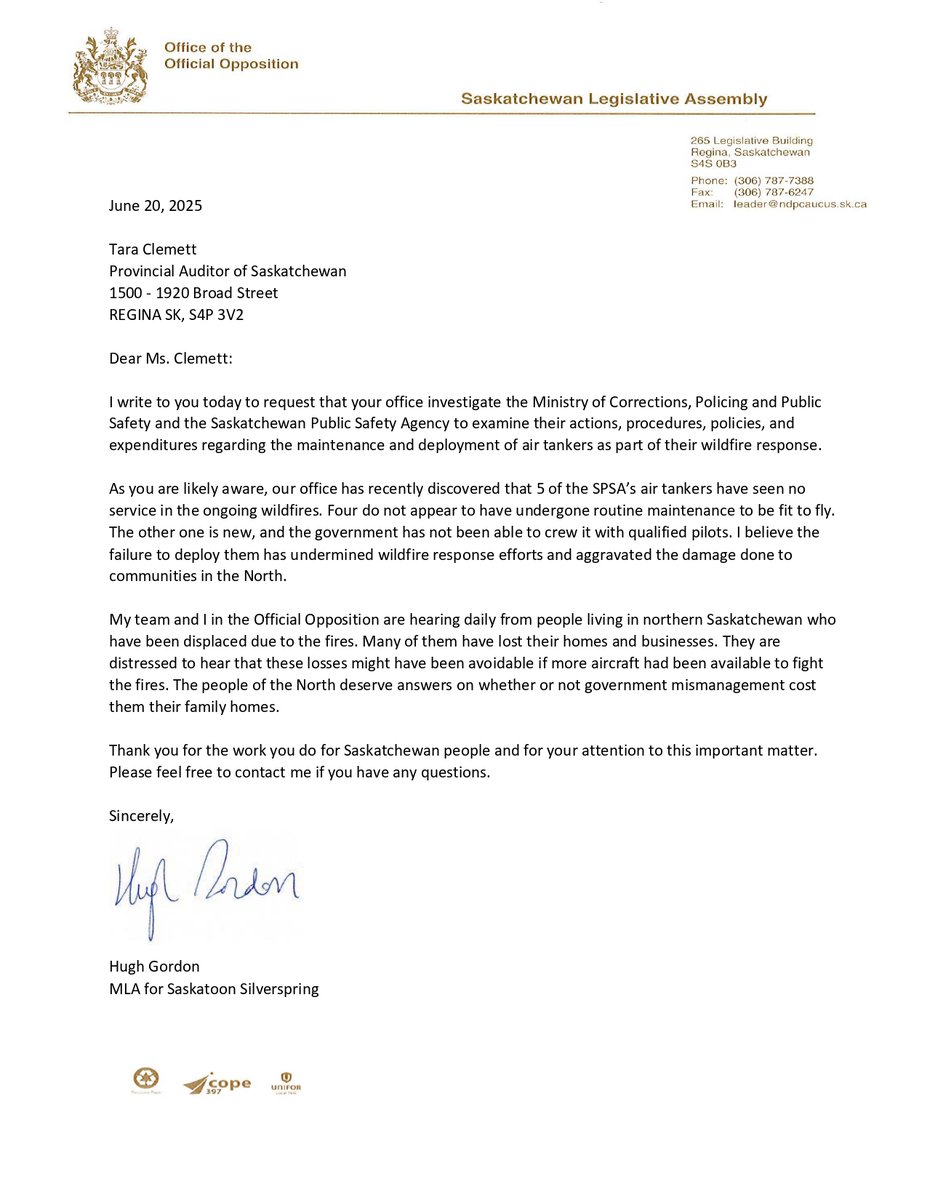 Today, the Saskatchewan NDP is calling on the Provincial Auditor to conduct a full investigation into the Sask. Party's complete failure to maintain the water bomber fleet needed to protect communities in the North from devastating wildfires.

These planes could have made a