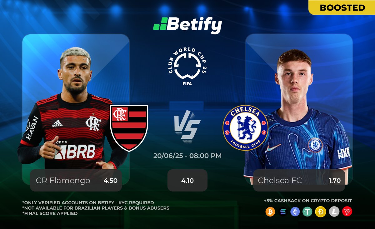 Betify Official (@betifyofficial) on Twitter photo FIFA CLUB WORLD CUP 🏆
CR Flamengo - Chelsea FC
Predict first player scorer + final score for a chance to win a 🎁
🔔 Follow @Betifyofficial
💚 + RT ♻️
⚠️ 1 guess per account
No Betify🆔 = No participation
3 winners 🔥
🔗 betify.bio FIFA CLUB WORLD CUP 🏆
CR Flamengo - Chelsea FC
Predict first player scorer + final score for a chance to win a 🎁
🔔 Follow @Betifyofficial
💚 + RT ♻️
⚠️ 1 guess per account
No Betify🆔 = No participation
3 winners 🔥
🔗 betify.bio