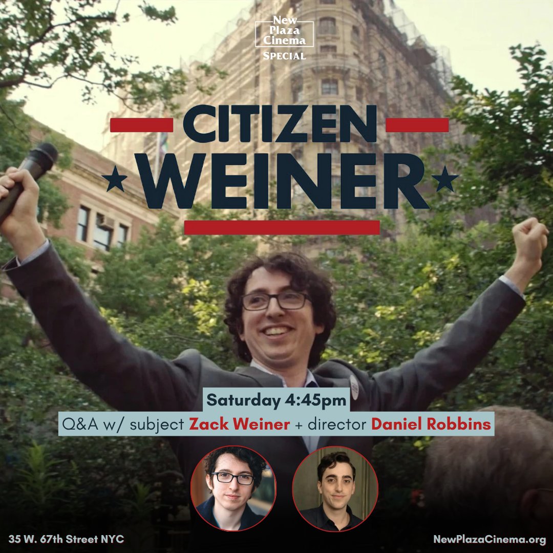 NewPlazaCinema's tweet image. CITIZEN WEINER — from the writer and director of BAD SHABBOS — screens Sat 4:45pm

“A political documentary so amusing and original it’s difficult to categorize.&quot; — New York Magazine 

Q&amp;amp;A w/ subject Zack Weiner + director Daniel Robbins

🎟 ticketing.useast.veezi.com/purchase/2002?…
