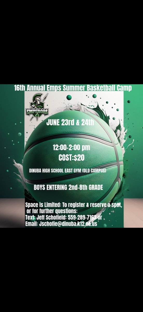 16th Annual Emps Summer Basketball Camp

June 23rd &amp; 24th 

12pm to 2pm

DHS East Gym - OLD CAMPUS

Cost: $20

Entering 2nd - 8th grade