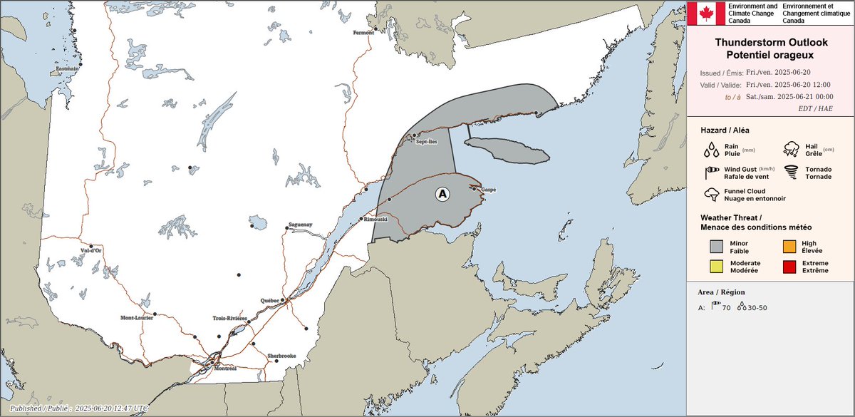 Thunderstorm outlook for Quebec valid today, June 20.

Any report of damage can be sent to Environment and Climate Change Canada using #QCstorm or by emailing QCstorm@ec.gc.ca.