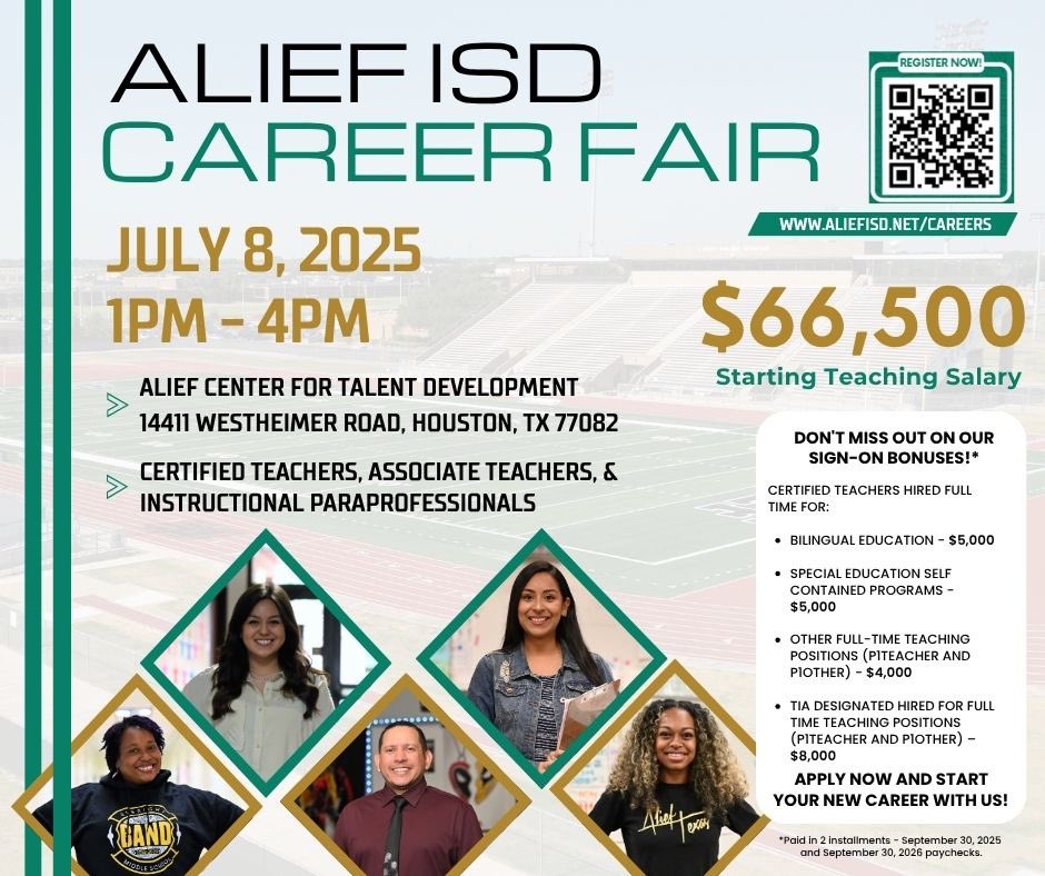🚨 Calling all educators! 🚨
Alief ISD is hiring and we want YOU! 

Join us for our Career Fair on July 8, 2025, from 1PM–4PM at the Alief Center for Talent Development (14411 Westheimer Rd, Houston).

Start your journey with Alief ISD—where opportunity meets impact.
#AliefISD