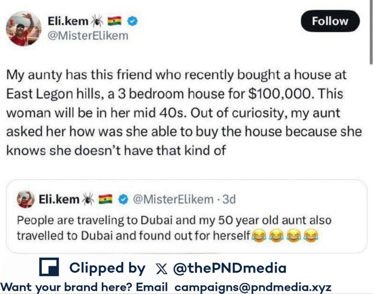 This guy shares how his auntie followed her friend to Dubai out of curiosity to find out how she makes her money, you won’t believe what she found out 😂😂😭😂

Check Thread 😂