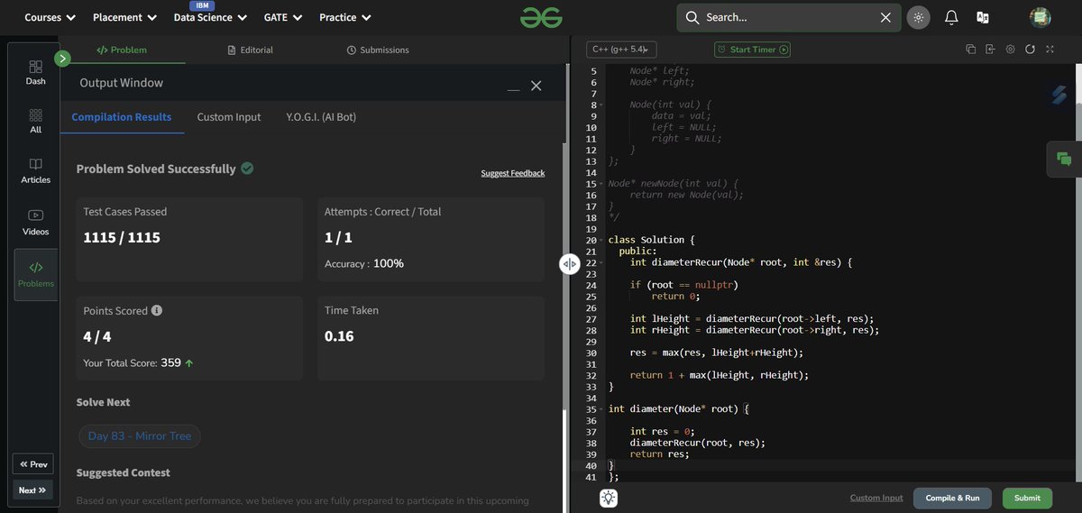 mikumaraditya's tweet image. Day 8⃣2⃣ of the #gfg160 Challenge completed! ✅Diameter of a Binary Tree
#LearnInPublic #DSA #geekstreak2025
@geeksforgeeks