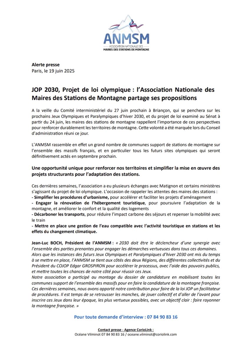 A la veille du Comité interministériel du 27 juin sur les #JOP2030 et de l'examen au Sénat du projet de loi olympique, les Maires des stations de montagne rappellent l'importance de ces perspectives pour renforcer et adapter durablement les territoires de #montagne <a href="/jl_boch/">Jean Luc Boch</a>