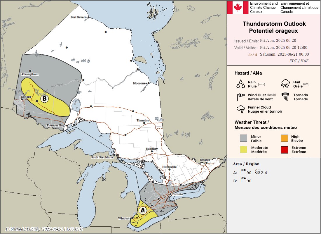 🌧️Thunderstorm Outlook for Today👇

⚡Thunderstorms are possible for portions of NW and southern Ontario today. These storms may produce wind gusts, and hail is possible for southwestern Ontario.☔

#ONstorm #ONwx
