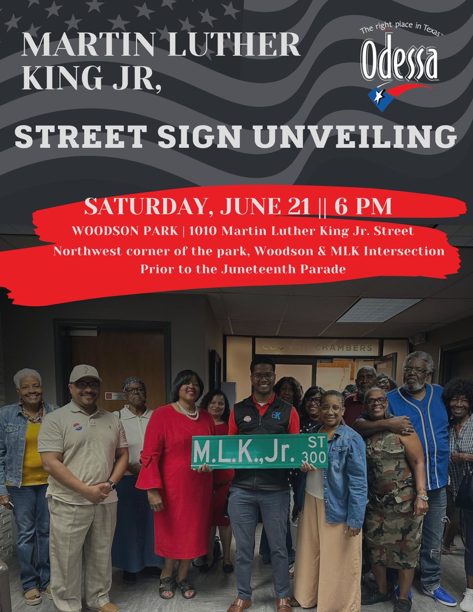 Join us tomorrow for the MLK Street Sign Unveiling!

The City of Odessa will host a public ceremony to unveil the new Martin Luther King Jr. street sign—honoring Dr. King’s lasting legacy.

Woodson Park
1010 Martin Luther King Jr. Street
6 PM – 7 PM

We hope to see you there!