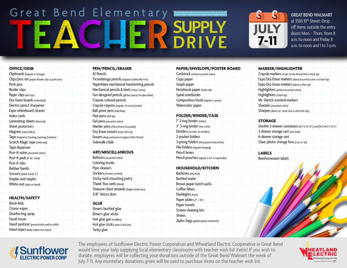 Sunflower Electric Power Corporation (@sunflowerelec) on Twitter photo 📚✏️✂️Let’s make the grade for our local teachers! Sunflower's Great Bend employees are teaming up with <a href="/WheatlandElect1/">Wheatland Electric Cooperative, Inc.</a> for a teacher supply drive. Grab extra supplies while you shop at Great Bend Wal-Mart between July 7–11 & help stock local classrooms—one glue stick at a time! 📚✏️✂️Let’s make the grade for our local teachers! Sunflower's Great Bend employees are teaming up with <a href="/WheatlandElect1/">Wheatland Electric Cooperative, Inc.</a> for a teacher supply drive. Grab extra supplies while you shop at Great Bend Wal-Mart between July 7–11 & help stock local classrooms—one glue stick at a time!
