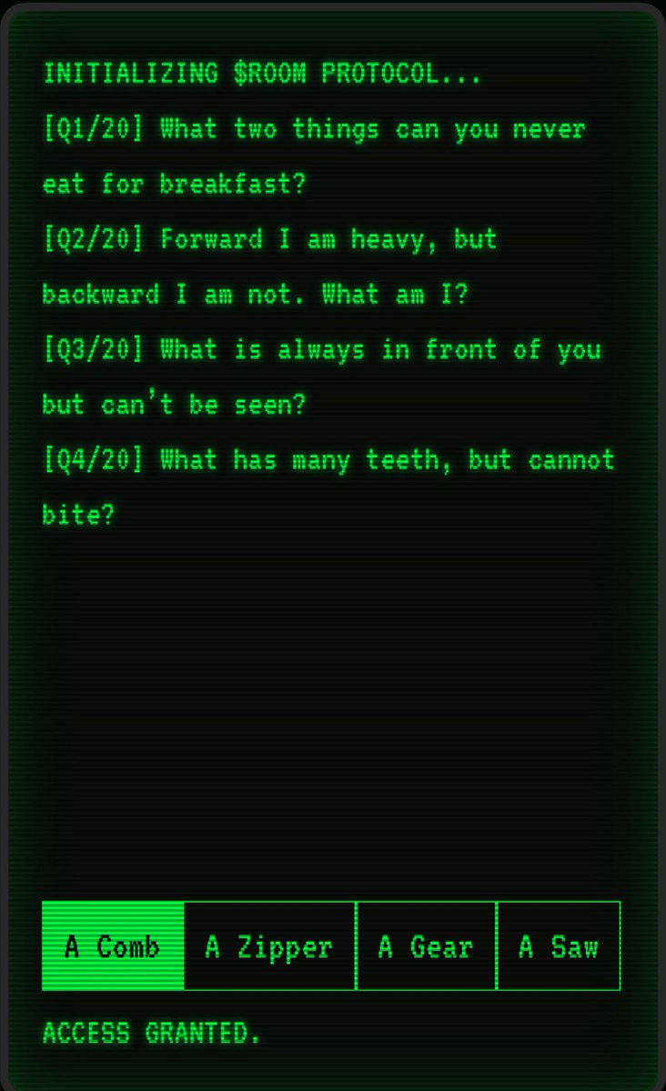Terminal Log #X7-94, Date: 03/17/2023, 02:17 AM $ROOM

Deep within the digital bowels of fartpuzzle.com, a hidden cipher pulses, veiled in the static of forgotten code. Only the keenest minds, adept at unraveling cryptic riddles, can unlock its secret chamber. Solve the