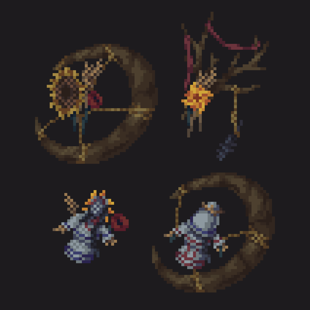 Sylvia_Voolf's tweet image. The final Harvest Sisters amulets. Made by villagers of the Wheat Valley, they're believed to bring luck and better crops🌾
#MarriesoftheValley #pixelart #ドット絵 #gamedev