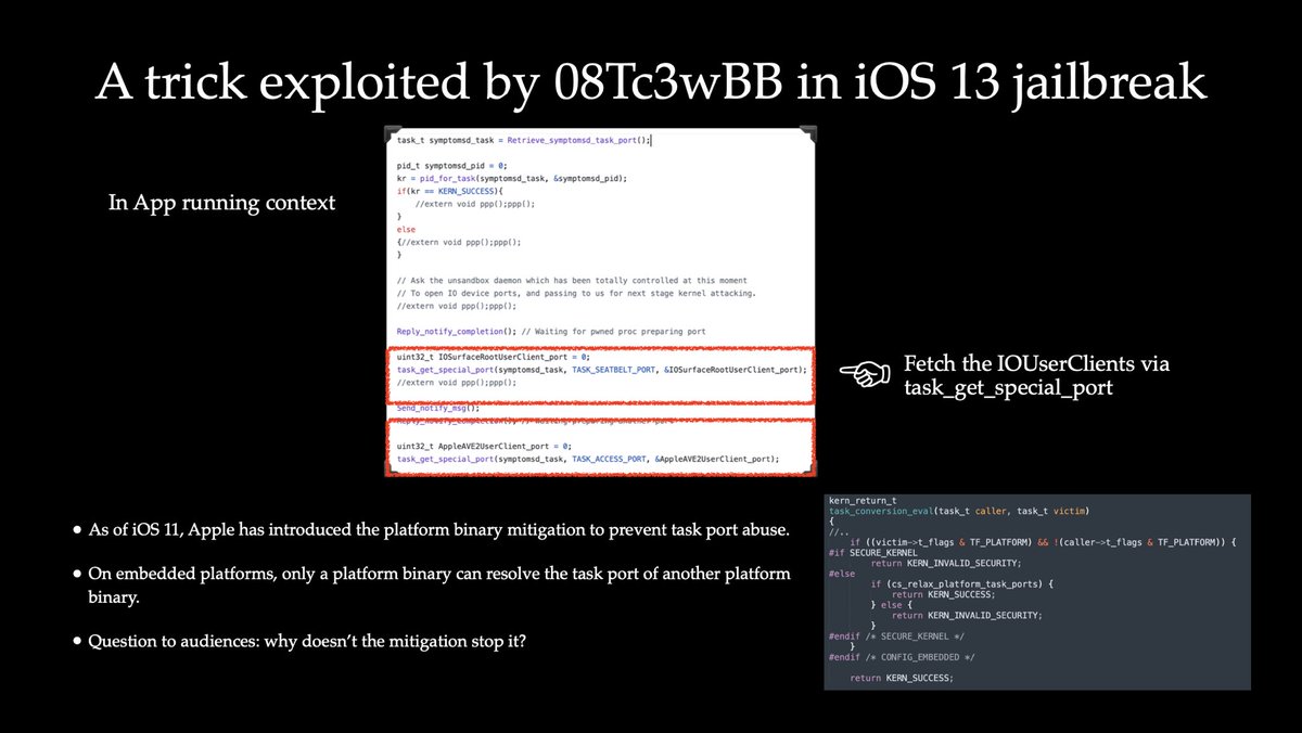 Woah, <a href="/WangTielei/">Tielei</a> talk “Sending Me Your IOUserClients: A Bypass to Immovable Ports” at <a href="/deepsec_cc/">deepsec.cc</a> was insanely good! I enjoyed it! Super clever new discovery. feels awesome to see other researchers referencing my past work.