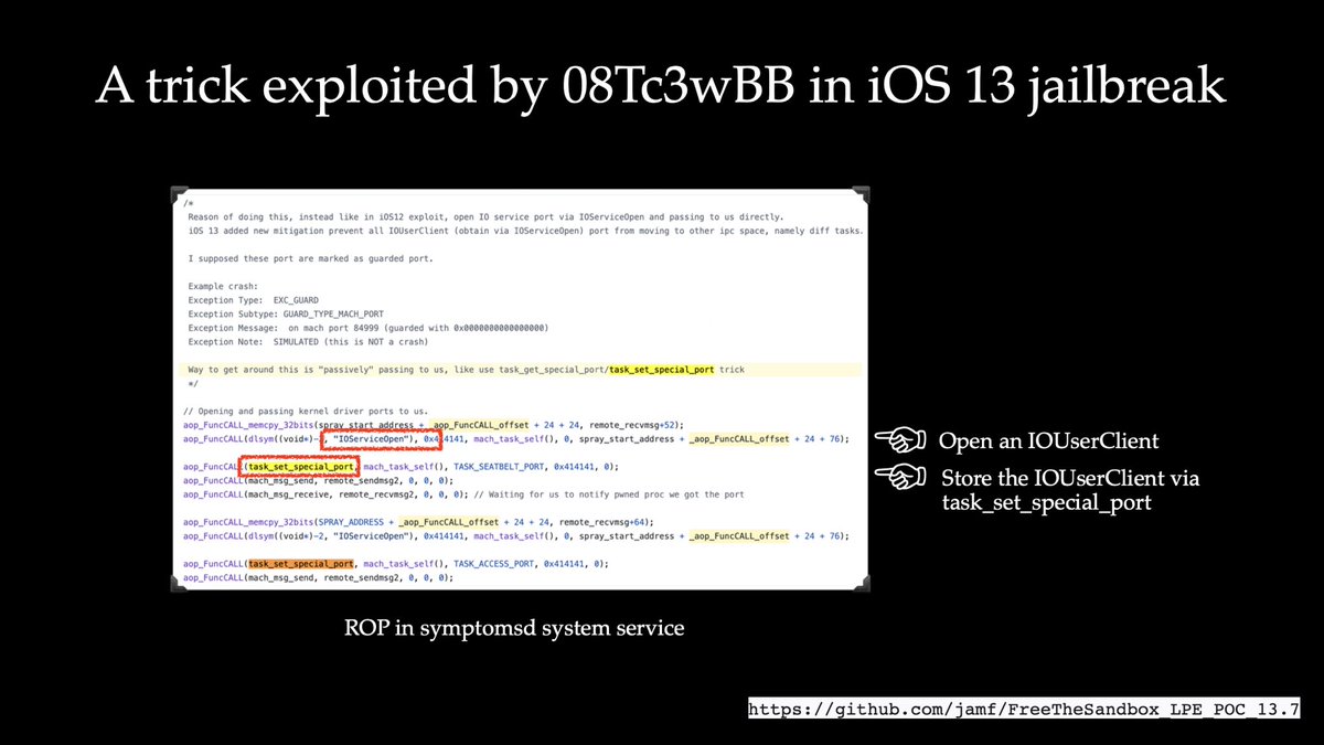 08Tc3wBB's tweet image. Woah, @WangTielei talk “Sending Me Your IOUserClients: A Bypass to Immovable Ports” at @deepsec_cc was insanely good! I enjoyed it! Super clever new discovery. feels awesome to see other researchers referencing my past work.