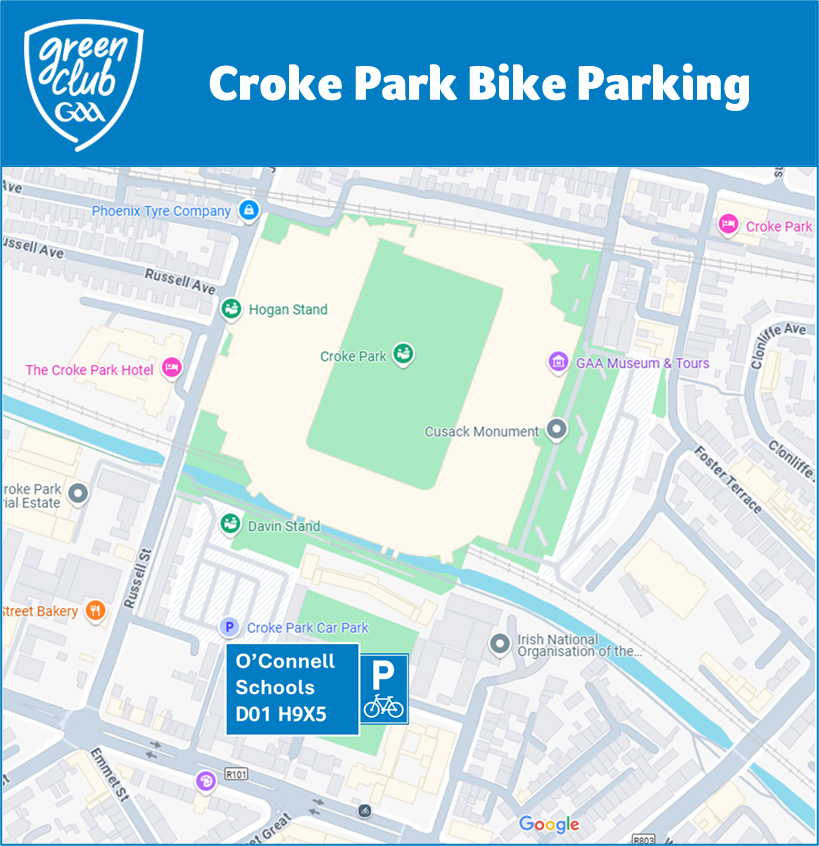On Your Bike! Take advantage of over 100 new secure bike parking spaces to cycle to Croke Park for this Saturday's Football &amp; Hurling double header! Secure bicycle parking will be provided at O'Connell Schools (D01H9X5). Available from 2pm.