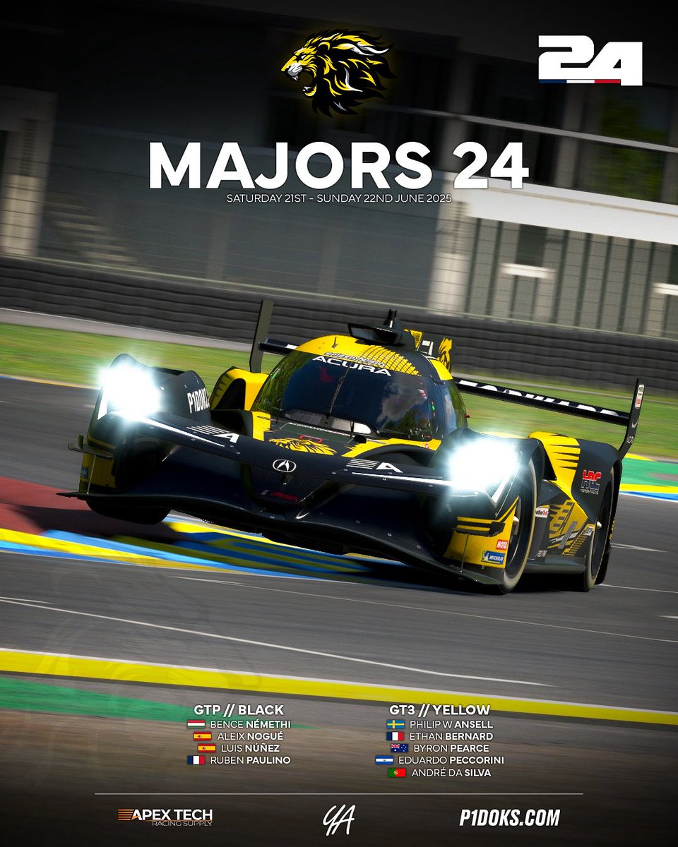 Here are our Lineups for the Majors 24H of Lemans!

We will grid 1 GTP and 1 GT3!

We wish all the drivers, best of luck in the race!

Sponsors 👥
<a href="/p1doks/">p1doks</a> 
ApexTech Racing Supplies

Photographer 📸
<a href="/SimPhotosYA/">Sim Photography</a> 

Graphics
Brandon Blakesley 

#iracing #iracingofficial