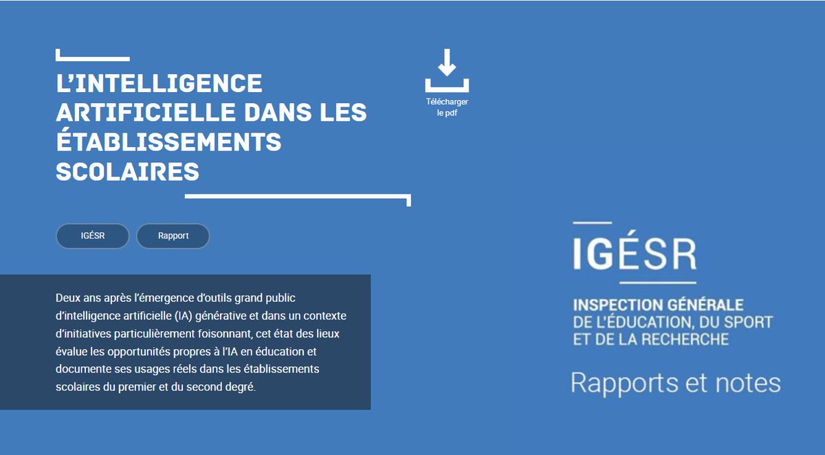 David LATOUCHE (@david_latouche) on Twitter photo 📢 A travers ce rapport, l'inspection générale dresse un état des lieux et évalue les opportunités propres à l’#IA en #éducation en documentant ses usages réels dans les établissements scolaires du premier et du second degré.
➡️ education.gouv.fr/l-intelligence… 📢 A travers ce rapport, l'inspection générale dresse un état des lieux et évalue les opportunités propres à l’#IA en #éducation en documentant ses usages réels dans les établissements scolaires du premier et du second degré.
➡️ education.gouv.fr/l-intelligence…
