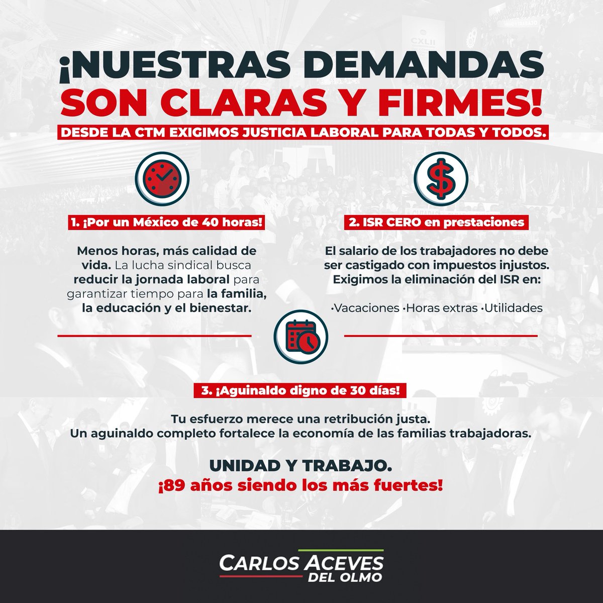 Reducir la jornada laboral, eliminar impuestos injustos y fortalecer el aguinaldo es pensar en la familia trabajadora.
Desde la <a href="/CTM_MX/">CTM Nacional</a> levantamos la voz con propuestas claras, posibles y necesarias.
¡Unidad y Trabajo, siempre!
#PorUnMéxicoDe40Horas