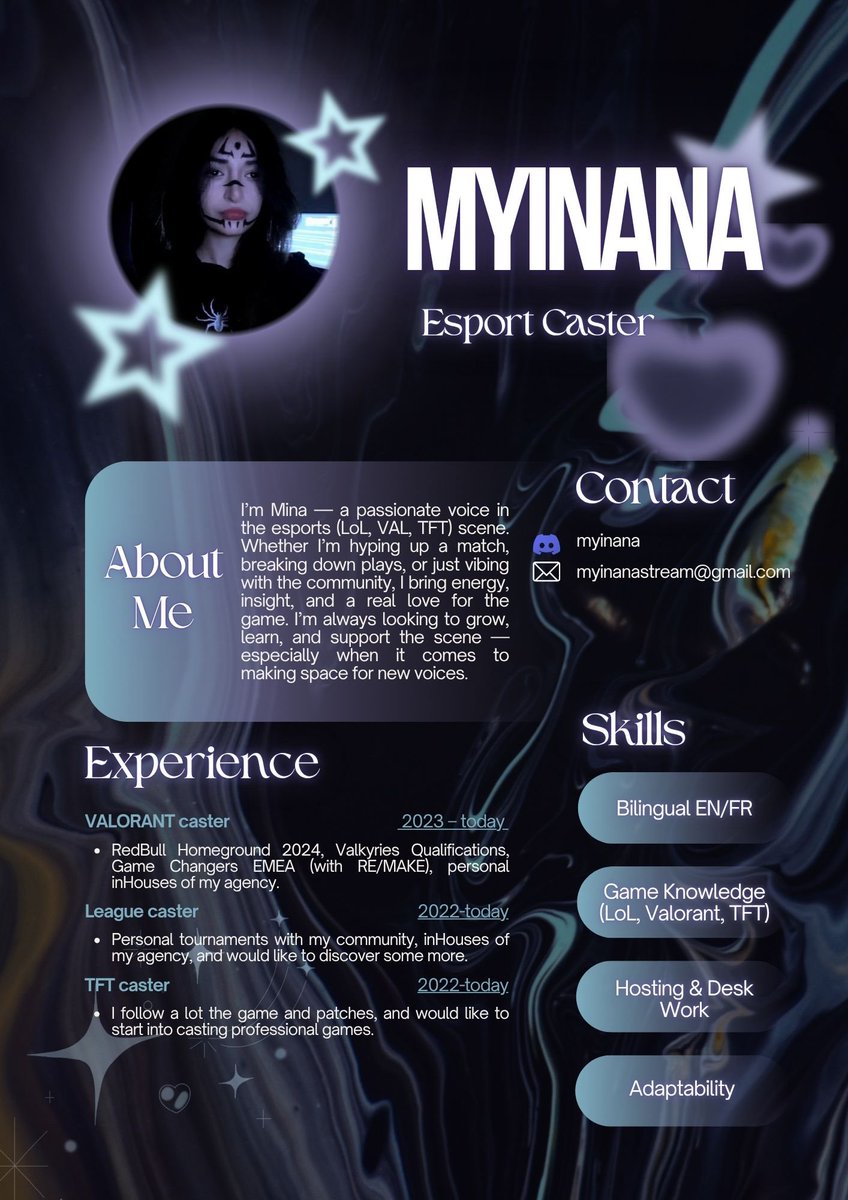 Je tente ma chance ici, RT appréciés 🫶🏼♻️

Je souhaite approfondir mon xp en tant que casteuse esport, que ce soit Valo, League ou TFT, je suis preneuse 🙏🏼 EN/FR 

dispo DM directement ou mes réseaux ci dessous