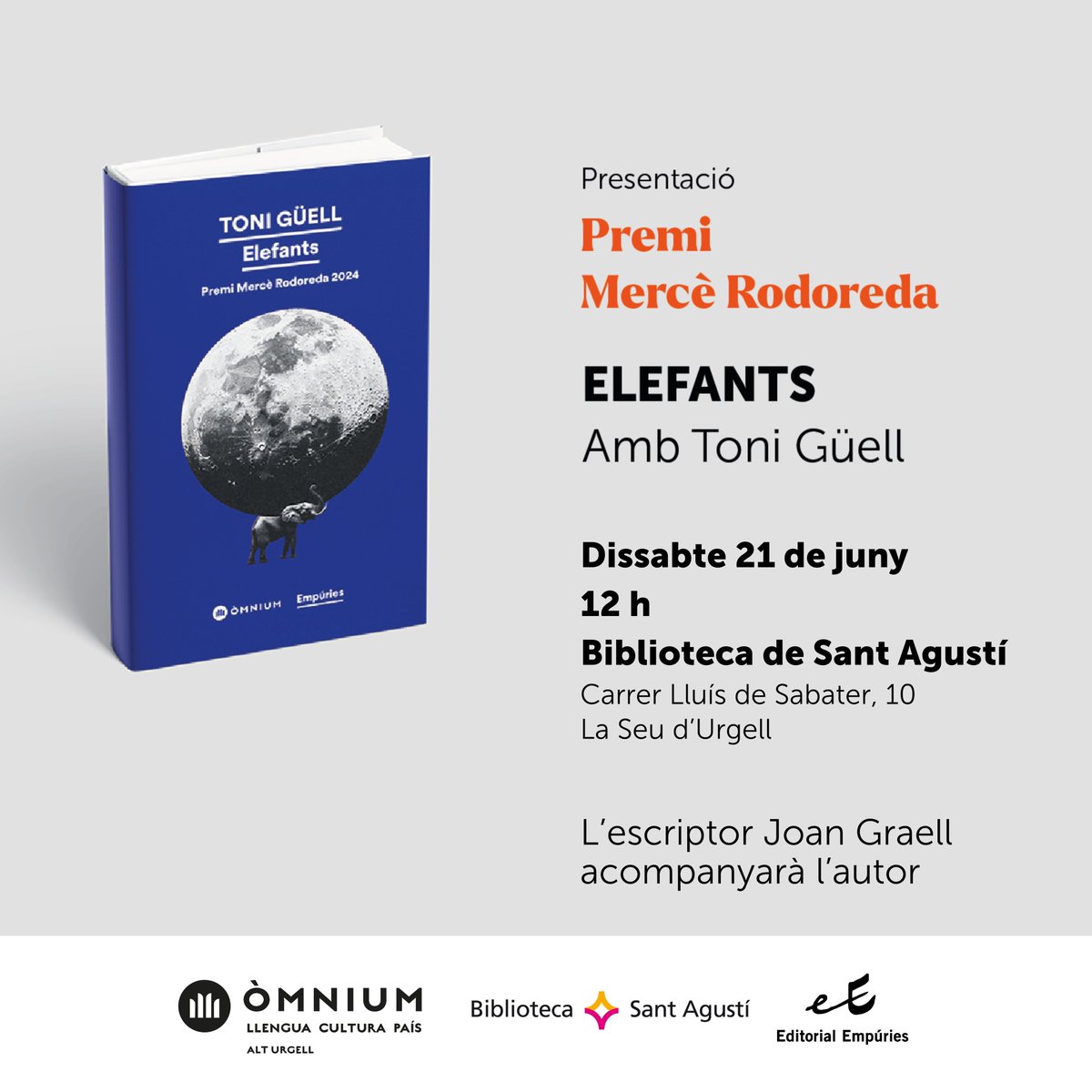 📆🐘 Molt contents d'oferir-vos una altra presentació amb #ToniGüell, autor d'#Elefants, #PremiMercèRodoreda2024:

⏱️ Dissabte 21 de juny - 12 h
📍A la Biblioteca de Sant Agustí, #LaSeuDUrgell
🗣️ En companyia de Joan Graell

➡ Us hi esperem!
<a href="/Grup62/">Grup62</a>