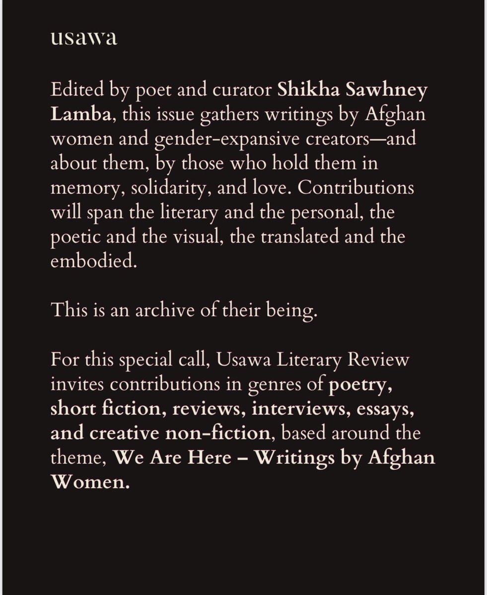 ShikhaSLamba's tweet image. I’m honoured to collaborate with @usawamag for their special upcoming issue this fall, “We are Here - Writings by Afghan Women”, and to play a small part in sharing the diverse, inspiring, courageous, determined, & hopeful voices Afghan women.
usawa.in/newsletter-sub…
Pls share