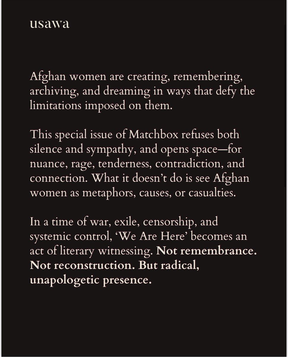 ShikhaSLamba's tweet image. I’m honoured to collaborate with @usawamag for their special upcoming issue this fall, “We are Here - Writings by Afghan Women”, and to play a small part in sharing the diverse, inspiring, courageous, determined, & hopeful voices Afghan women.
usawa.in/newsletter-sub…
Pls share
