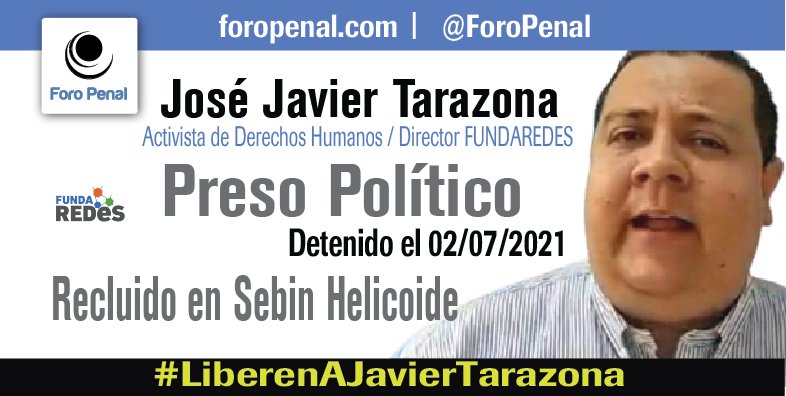 ¡1449 días!
De nuestra detención arbitraria y privación ilegítima de la libertad.
Mi Hno. Javier Tarazona Dir. de <a href="/FundaREDES_/">FundaREDES</a> sigue detenido cumpliendo una sentencia anticipada sin cometer delitos. 
Exigimos sea puesto de inmediato en libertad.
#LiberenAJavierTarazona 
#20Junio