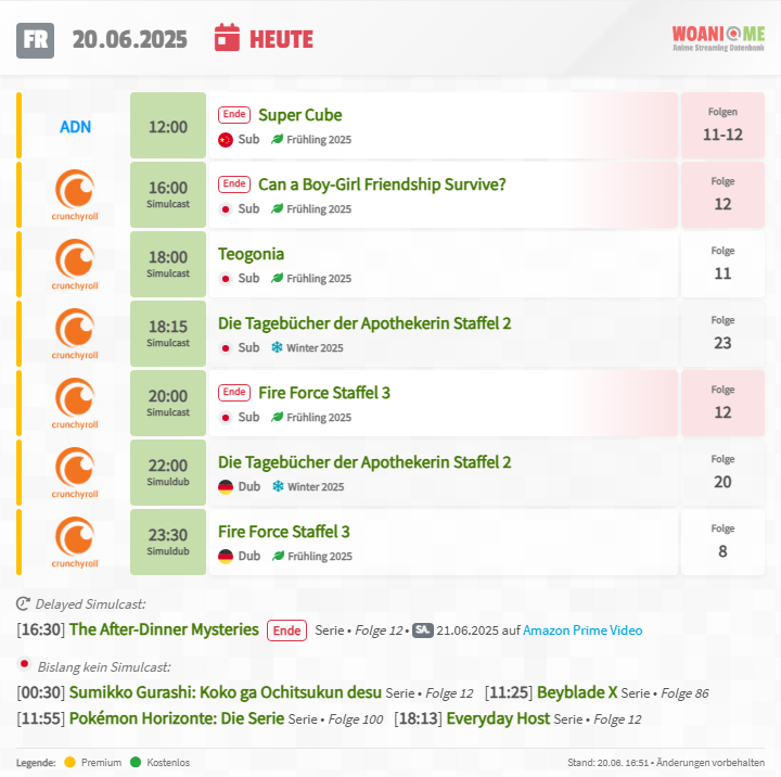 woani_me's tweet photo. Das #Anime #Streaming Programm für Freitag, den 20.06.

Unter anderem mit den letzten Folgen von #SuperCube, #BoyGirlFriendship und #FireForce3! https://t.co/tGsLBX8NVL
