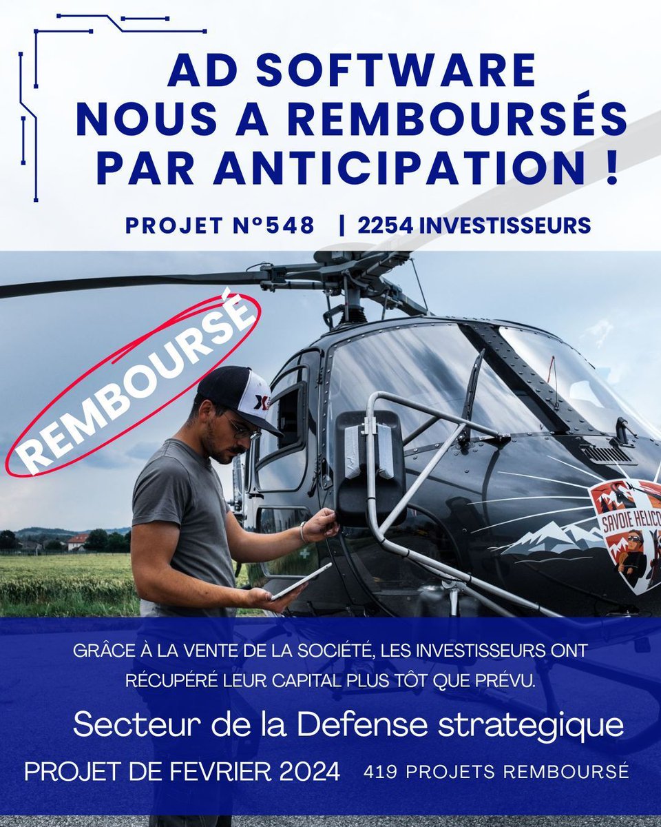 💥 AD SOFTWARE a remboursé par anticipation !
Projet n°548 : 2 254 investisseurs remboursés dès le 16e mois !

✅ Secteur Défense
📆 Février 2024

🔵 419 projets déjà remboursés
➡️ Financez les PME françaises sur pretup.fr

#FinancementParticipatif #PretUp