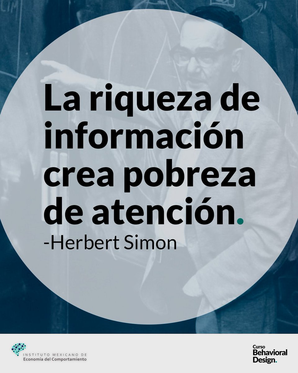 ecomportamiento's tweet image. 💡Herbert Simon fue un pionero en el estudio de la toma de decisiones y la ciencia cognitiva.

🧠 Con su concepto de racionalidad limitada, Simon mostró que no siempre tomamos decisiones óptimas, sino que buscamos soluciones satisfactorias.

#HerbertSimon #BehavioralDesign